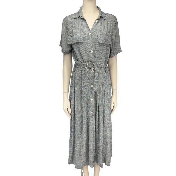 OLSEN Germany Crinkle Transitional A-line Midi Gray Button-Down Shirt Dress 38 - Picture 2 of 10